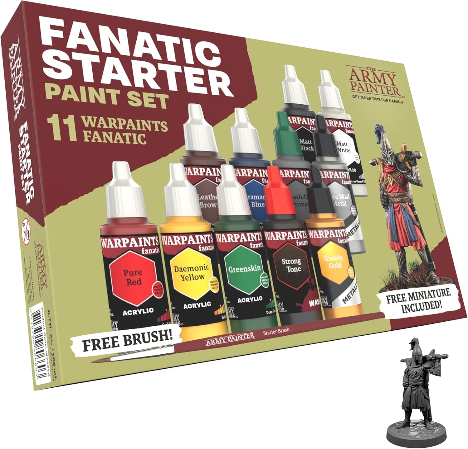 The Army Painter Warpaints Fanatic: Starter Set, 11 x 18 mL Acrylic Paints, incl. Metallics, Wash, Brush-On Primer, 1 Miniature & 1 Brush